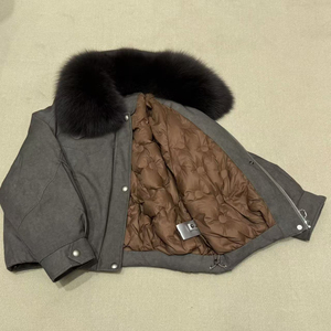 Hot Selling Women's Fashion Trend White Goose Down Liner Cropped <b>Suede</b> Leather <b>Jacket</b> Women With Big Fox Fur Collar - Product Image 2