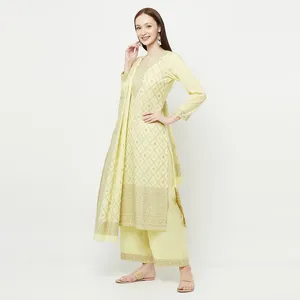 ผ้าชุดเดรส Safaa สำหรับผู้หญิง ผ้าฝ้ายลายเลมอน ทอแบบ Chikankari แบบยังไม่เย็บ พร้อมผ้าคลุมไหล่ - Product Image 2