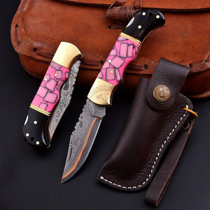 Premium Handmade Copper Damascus Steel Folding Knife Resin Horn Handle Back <b>Lock</b> Pocket Knife Outdoor Hunting Camping Knives - Product Image 1