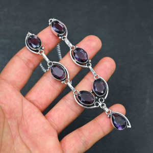 Collar Hecho a Mano con Cadena de Eslabones de Plata de Ley 925 Genuina de Alta Calidad con Gema de Amatista Brillante en Engaste de Bisel de 10x14mm - Product Image 1