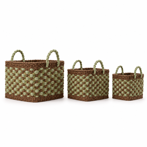 Customize Eco-Friendly Handwoven Modern Scandi Seagrass Square Storage <b>Basket</b> Set 3 Cream Woven Pattern Braided Detachable - Product Image 1