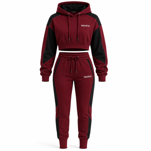 Winter Solid Crop <b>Top</b> Women 2 Piece Hoodies Jogger Set 100% Cotton Thick 360gsm Rhinestone Embroidery Fleece Streetwear Boxy - Product Image 4