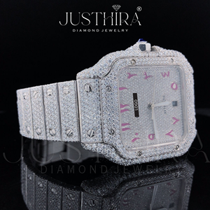 Premium Auto Date Iced Diamond Unique Design Stainless Steel <b>Case</b> Band Quartz <b>Watch</b> with Pink Arabic Number Dial Limited Edition - Product Image 4