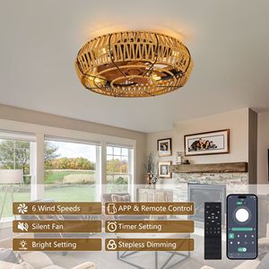 Ventilateur de plafond LED encastré de 19 pouces style bohème avec lumières, lustre à profil bas et télécommande sans pales à 6 vitesses, style cage - Product Image 3