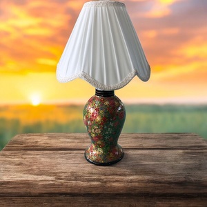 Floral Enamel Table Lamp White Pleated Shade Decorative Bedside Desk Light Home Decor - Product Image 4