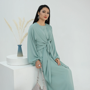 Satin 2 Piece Abaya Dubai Kimono Coat Sleeveless Maxi Dress Suit Set Muslim <b>Prayer</b> <b>Clothes</b> Women Robe Femme Musulmane - Product Image 1