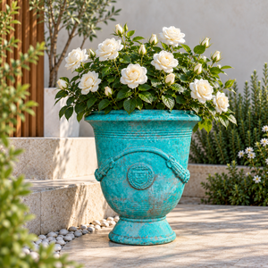 Maceta de Fibra de Vidrio Estilo Antiguo Color Turquesa con Asas Decorativas y Base de Pedestal para Patio, Jardín y Paisajismo OEM ODM - Product Image 1