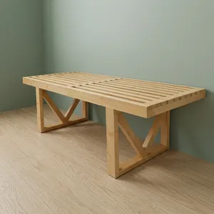 Natural Bamboo Slatted Bathroom <b>Bench</b> with Geometric <b>Legs</b> Wooden Shower Seat for Spa Entryway Bedroom and Home Use - Product Image 1