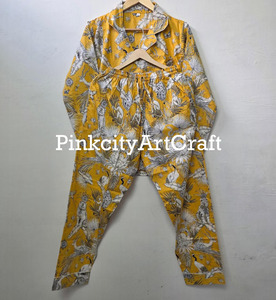 Pure Cotton Mustard Yellow Flock Print Summer Nightwear Set <b>Women</b> Comfortable Breathable Quick <b>Dry</b> Loungewear Sleepwear - Product Image 4