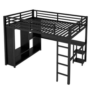 Letto a soppalco matrimoniale in metallo con armadio integrato e scrivania, mensole portaoggetti nere, set camera da letto - Product Image 6