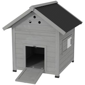 Casetta per Anatre in Legno con Tetto Apribile e Doppia Porta, Piccola Casetta da Esterno per 1-3 Anatre, Tipo Villa in Abete Grigio con Base Rimovibile - Product Image 1