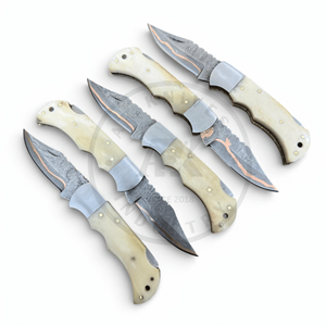 Cuchillo plegable de acero damasco y cobre al por mayor con bloqueo trasero, mango de hueso, personalizado OEM, para caza, supervivencia y actividades al aire libre multifuncional - Product Image 6