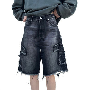 <b>mens</b> washed black denim cargo shorts baggy wide leg frayed raw hem heavy acid wash vintage <b>grunge</b> utility style summer apparel - Product Image 4