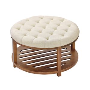 31.9 pollici trapuntato tavolino pouf in legno massiccio mensola di stoccaggio lino solido imbottito poggiapiedi per camera da letto grande - Product Image 1