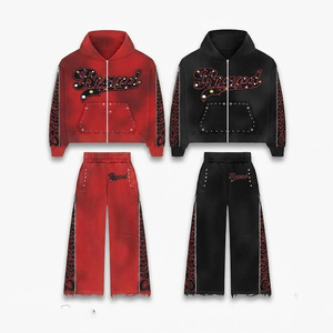 Factory Custom Oversize Acid Wash Streetwear Sweatsuits Baggy Rhinestone Heavyweight Tracksuit Cotton Men Zip-up Hoodie <b>Set</b> - Product Image 1