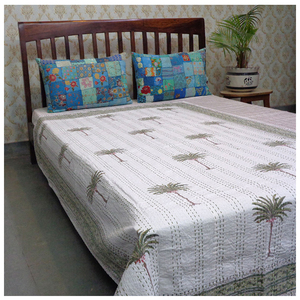 Handmade Cotton Kantha Twin Quilt <b>Throw</b> 150x220 cm Hand Block Printed Hand Embroidered Indian Bedspread Boho Home Textile Export - Product Image 1