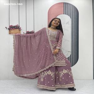 Conjunto de Plazzo-Kurta y Dupatta de Georgette Sintético de Alta Calidad para Fiestas, con Bordado y Lentejuelas, a Precio de Mayoreo - Product Image 1