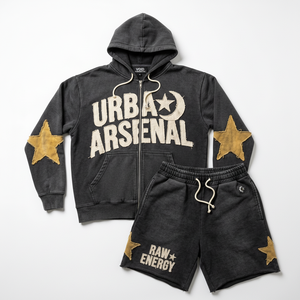 Custom Men's Red Vintage Washed Breathable Winter Patch Zip Hoodie Shorts <b>Set</b> Heavyweight Cotton Streetwear OEM Private Label - Product Image 1