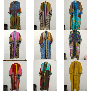 Handmade Silk Patchwork V-neck Drawstring Closure Full Length Soft Breathable Gown Lounge Wear Kimono Party Gown for Women Boho - Product Image 1