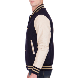Veste bomber pour homme bleu marine et style universitaire avec manches en cuir, style baseball décontracté, manteau d'hiver chaud - Product Image 2