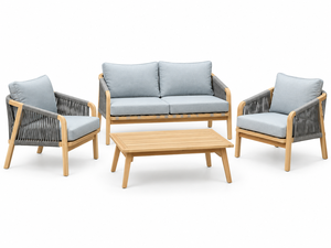 Conjunto de sofá de ratán contemporáneo para exteriores con cojines azul claro y estructura de madera para uso en jardín. - Product Image 3