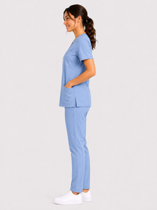 Women Sky Blue Medical <b>Scrub</b> Set V Neck Hospital Healthcare <b>Uniform</b> Nurse Workwear Top And Pan - Product Image 4