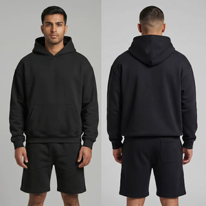 Men's Black Hooded Fleece Sweatshirt With Shorts Casual Autumn <b>Set</b> Solid Color <b>Knitted</b> Fabric - Product Image 6