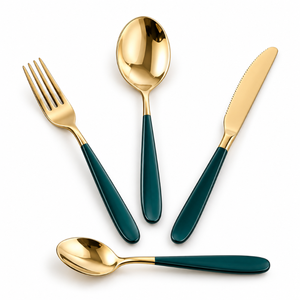 Ensemble de couverts de luxe en acier inoxydable avec manche doré et vert sarcelle, quatre pièces |   Ensemble d'ustensiles de table élégants avec finition dorée polie - Product Image 1
