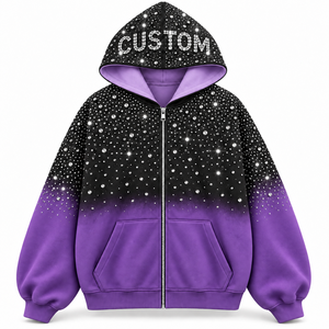 เสื้อฮู้ดดี้โอเวอร์ไซส์ผ้าฝ้ายแท้ 100% ประดับเพชร ซิปหน้า สีดำไล่ระดับขาว ดีไซน์เพชร เสื้อแจ็คเก็ตผู้ชายสำหรับฤดูหนาว - Product Image 4