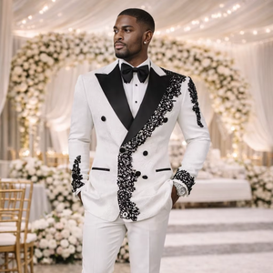 <b>Men</b>’s <b>White</b> & Black Designer Wedding Tuxedo <b>Jacket</b> Double Breasted Embroidered Blazer with Contrast Lapel for Groom & Party Wear - Product Image 1