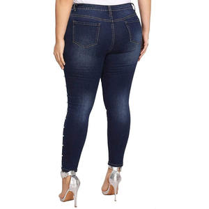 กางเกงยีนส์เอวสูงทรงสกินนี่สำหรับผู้หญิงไซส์ใหญ่ ขายส่ง พร้อมแถบข้างประดับมุกสุดเก๋ ผ้ายีนส์ยืดใส่สบายสำหรับผู้หญิง - Product Image 5