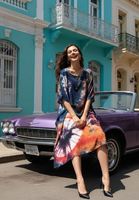 Hochwertiges Einfarbiges Batik-Rayon-Kaftan-Kleid mit O-Ausschnitt Sommerliches Lässiges Schickes Design Großhandelspreis