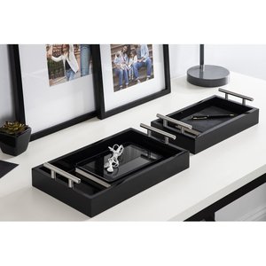 Elegante Juego de Bandejas de Servir de Madera Azul con Asas de Metal Dorado, Juego de Bandejas Decorativas Rectangulares, Organizador Moderno para el Hogar - Product Image 2