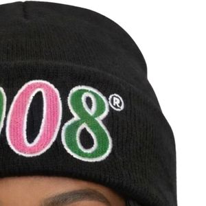 Bonnet noir 1908 pour femme, en tricot doux, brodé rose et vert, à revers, chaud, style décontracté, pour l'hiver - Product Image 6