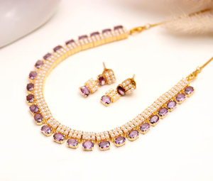 Luxury <b>Necklace</b> Set Brass 22K Gold Plated Oval Tanzanite Pearl Bridal Party Wear Jewelry Adjustable Length for Women - Product Image 1