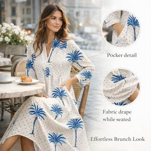 เดรสผ้าฝ้ายพรีเมียมพิมพ์ลายต้นปาล์ม คอวี แขนยาว มีกระเป๋าข้าง สไตล์คาลิ ทรงบานลำลอง สำหรับผู้หญิง ความยาวปานกลาง - Product Image 6