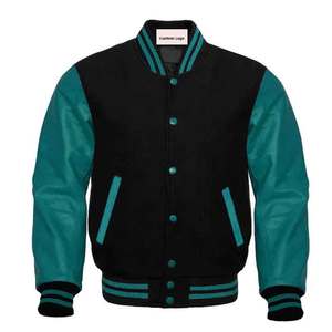 Veste universitaire noire et turquoise pour homme, manches en cuir PU, col décontracté, boutons sur le devant, coupe classique, vêtement d'automne - Product Image 5
