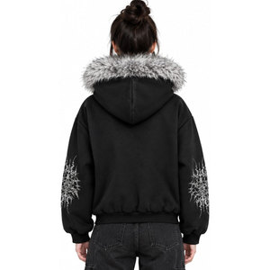 Black Women's Hooded Zipper <b>Jacket</b> With Faux Fur Collar <b>Gothic</b> Printed Design Winter Wear Hoodies - Product Image 3