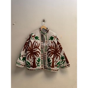 Blouson en coton brodé à la main avec motif palmier, col mandarin, manches longues, pour l'automne, fermeture à boutons - Product Image 1