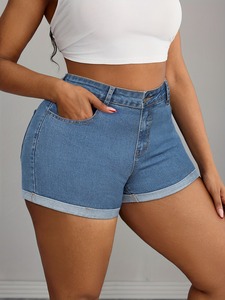 Women's <b>High</b> <b>Waist</b> Denim <b>Shorts</b> With Five Pockets Button Fly Stonewashed Light Blue Casual Style - Product Image 4