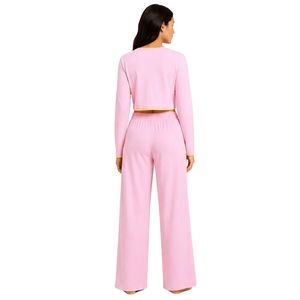 Conjunto de Pijama Corto de Manga Larga para Mujer, Color Rosa Claro y Melocotón, Bordado Floral, Tejido de Algodón Suave, Ropa de Dormir, OEM - Product Image 2