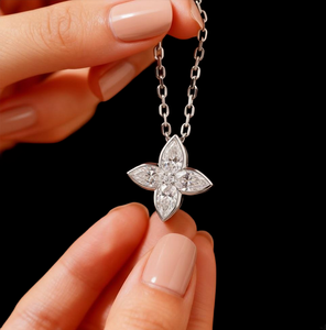 Luxury 925 Silver Rhodium Plated 18K <b>Solid</b> <b>Gold</b> Flower <b>Pendant</b> With Marquise Cut Diamond Claw Setting For Women Everyday Wear - Product Image 4