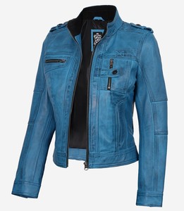 Chaqueta de Motociclista de Cuero Auténtico Azul Desgastado para Mujer, Chaqueta de Motociclista Vintage, Chaqueta de Piel de Oveja Genuina, Fabricante Mayorista - Product Image 4