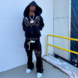 Men's Black Hooded Tracksuit Full Zipper Rhinestone Detail Streetwear Sweat Suit Regular Fit Solid Color Autumn Wear - Product Image 2