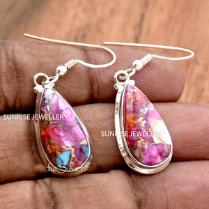 Pendientes de Plata de Ley 925 con Ostra Rosa Natural, Pendientes Colgantes Hechos a Mano con Piedras Preciosas, Joyería al por Mayor - Product Image 3