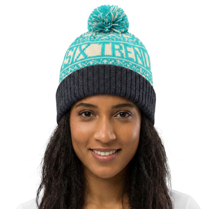 Six Trend Knit Beanie <b>Hat</b> With Pom Pom Turquoise Gray Unisex Winter <b>Cap</b> Casual Style Adult Size 56-58CM - Product Image 1