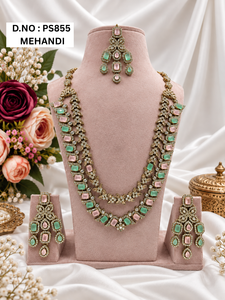Radiant Cut CZ Stone Double Layer Long Necklace With Coordinating Tika & Dangle Earrings Fashion <b>Jewelery</b> Set For Women Supplier - Product Image 2