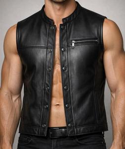 <b>Men</b>’s Black Leather Slim Fit Biker Vest Western Style Waistcoat with Snap Button Front Classic Motorcycle Fashion Vest - Product Image 1