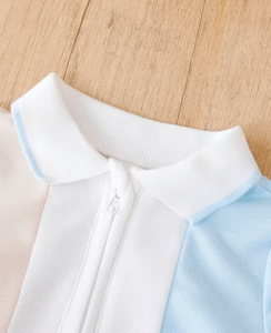 White and Light Blue Breathable Short Sleeve Polo Shirt for Boys Casual Knitted Polyester/Cotton Jersey Floral Pattern - Product Image 3