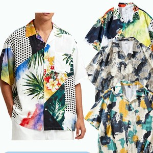 Men's Oversized Short Sleeve <b>Patchwork</b> Printed Casual t <b>Shirt</b> With Tropical Floral Pattern Woven Fabric - Product Image 1